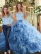 Baby Blue Zipper Scoop Lace Quinceanera Dress Fabric With Rolling Flowers Sleeveless