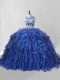 Colorful Organza Scoop Sleeveless Brush Train Zipper Beading and Ruffles Sweet 16 Dress in Blue