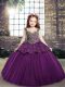 Eggplant Purple Sleeveless Floor Length Beading and Appliques Lace Up Little Girls Pageant Dress Wholesale