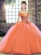 Orange Red Quinceanera Dress Military Ball and Sweet 16 and Quinceanera with Beading Off The Shoulder Sleeveless Brush Train Lace Up