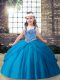 Blue Tulle Lace Up Kids Formal Wear Sleeveless Floor Length Beading