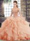High Quality Peach Ball Gowns Tulle Sweetheart Sleeveless Beading and Ruffles Lace Up Sweet 16 Dresses Brush Train