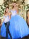 On Sale Blue Sleeveless Floor Length Beading Lace Up Quinceanera Gowns