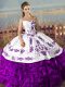 Attractive White And Purple Ball Gowns Organza Sweetheart Sleeveless Embroidery and Ruffles Floor Length Lace Up Quinceanera Dresses