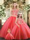 Romantic Coral Red Lace Up Halter Top Embroidery Quinceanera Gowns Tulle Sleeveless