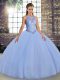 Lavender Tulle Lace Up Scoop Sleeveless Floor Length 15 Quinceanera Dress Embroidery