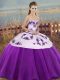 Floor Length White And Purple Quinceanera Gown Sweetheart Sleeveless Lace Up