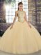 Best Selling Gold Scoop Neckline Embroidery Ball Gown Prom Dress Sleeveless Lace Up