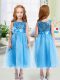 Baby Blue Empire Scoop Sleeveless Organza Tea Length Zipper Sequins and Hand Made Flower Toddler Flower Girl Dress