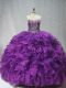 Shining Purple Lace Up Sweet 16 Dresses Beading and Ruffles Sleeveless Brush Train