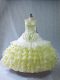 Sleeveless Organza Floor Length Quinceanera Dresses in Yellow Green with Embroidery and Ruffled Layers