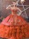 Rust Red Ball Gowns Sweetheart Sleeveless Satin and Organza Floor Length Lace Up Embroidery and Ruffled Layers Ball Gown Prom Dress
