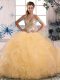Top Selling Floor Length Lace Up 15th Birthday Dress Gold for Sweet 16 and Quinceanera with Beading