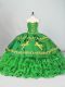 Green Ball Gowns Sweetheart Sleeveless Satin and Organza Brush Train Lace Up Embroidery and Ruffled Layers Quinceanera Gowns