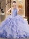 New Style Brush Train Ball Gowns Quinceanera Dress Lavender Halter Top Organza Sleeveless Lace Up