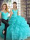 Aqua Blue Organza Lace Up Off The Shoulder Sleeveless Floor Length Quinceanera Dresses Beading and Ruffles and Pick Ups