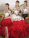 White And Red Three Pieces Embroidery and Ruffles Vestidos de Quinceanera Lace Up Organza Sleeveless Floor Length