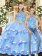 Attractive Blue Halter Top Neckline Embroidery and Ruffled Layers 15 Quinceanera Dress Sleeveless Lace Up