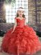 On Sale Ball Gowns Kids Formal Wear Coral Red Straps Organza Sleeveless Floor Length Lace Up
