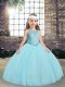 Aqua Blue Scoop Lace Up Beading and Appliques Little Girls Pageant Dress Sleeveless