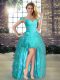 Exquisite Off The Shoulder Sleeveless Red Carpet Prom Dress High Low Beading and Ruffles Aqua Blue Organza