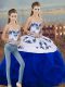High Class Floor Length Royal Blue Quinceanera Gowns Tulle Sleeveless Embroidery and Ruffles and Bowknot
