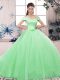 Short Sleeves Floor Length Lace and Hand Made Flower Lace Up Quince Ball Gowns with Apple Green