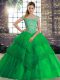 Most Popular Sleeveless Beading and Lace Lace Up 15 Quinceanera Dress with Green Brush Train