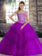 Hot Sale Purple Lace Up Off The Shoulder Beading and Lace Quinceanera Gowns Tulle Sleeveless Brush Train