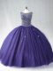 Designer Purple Tulle Zipper Quince Ball Gowns Sleeveless Floor Length Beading