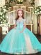Sleeveless Floor Length Beading Lace Up Little Girls Pageant Dress Wholesale with Aqua Blue
