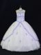 Sleeveless Tulle Floor Length Lace Up Ball Gown Prom Dress in White And Purple with Appliques
