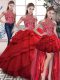 Red Organza Lace Up Ball Gown Prom Dress Sleeveless Beading and Ruffles
