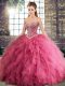 Watermelon Red Ball Gowns Tulle Sweetheart Sleeveless Beading and Ruffles Floor Length Lace Up Quinceanera Gown