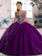 Gorgeous Sweetheart Cap Sleeves Tulle Quince Ball Gowns Beading Brush Train Lace Up