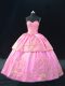 Rose Pink Ball Gowns Embroidery Sweet 16 Dress Lace Up Satin Sleeveless Floor Length