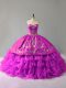 Custom Design Sleeveless Floor Length Embroidery and Ruffles Lace Up Vestidos de Quinceanera with Purple