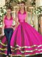 Top Selling Sleeveless Floor Length Ruffled Layers Lace Up Quince Ball Gowns with Fuchsia