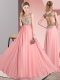 Scoop Sleeveless Wedding Guest Dresses Floor Length Beading and Appliques Pink Chiffon