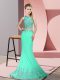 Apple Green Satin Zipper Prom Evening Gown Sleeveless Sweep Train Beading and Appliques