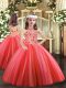 Best Floor Length Lace Up Little Girls Pageant Dress Coral Red for Party and Wedding Party with Appliques