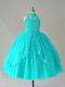 Aqua Blue Ball Gowns Beading and Appliques Child Pageant Dress Lace Up Tulle Sleeveless Floor Length