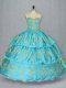Shining Baby Blue Lace Up Quinceanera Gowns Embroidery and Ruffled Layers Sleeveless Floor Length