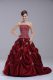 Wine Red Strapless Lace Up Embroidery and Pick Ups Ball Gown Prom Dress Brush Train Sleeveless