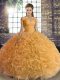 Floor Length Gold Ball Gown Prom Dress Fabric With Rolling Flowers Sleeveless Beading