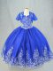 Royal Blue Ball Gowns Tulle Spaghetti Straps Sleeveless Beading and Embroidery Floor Length Lace Up Kids Formal Wear