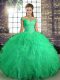 Vintage Turquoise Tulle Lace Up Off The Shoulder Sleeveless Floor Length 15th Birthday Dress Beading and Ruffles