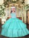 Aqua Blue Ball Gowns Organza Scoop Sleeveless Beading Floor Length Zipper Child Pageant Dress