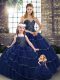 Navy Blue Tulle Lace Up Sweetheart Sleeveless Quinceanera Dress Brush Train Beading and Ruffled Layers