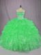 Customized Green Organza Lace Up Quinceanera Gown Sleeveless Floor Length Beading and Ruffles